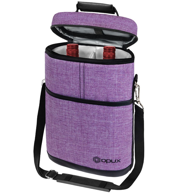 opux 2 Bottle Wine Carrier Tote  Insulated Leakproof Wine Cooler Bag  Wine Travel Bag for Picnic BYOB Beach  Portable Wine Bottle Carrying Case  Gift for Wine Lover Women Men Christmas  Purple - Image 1